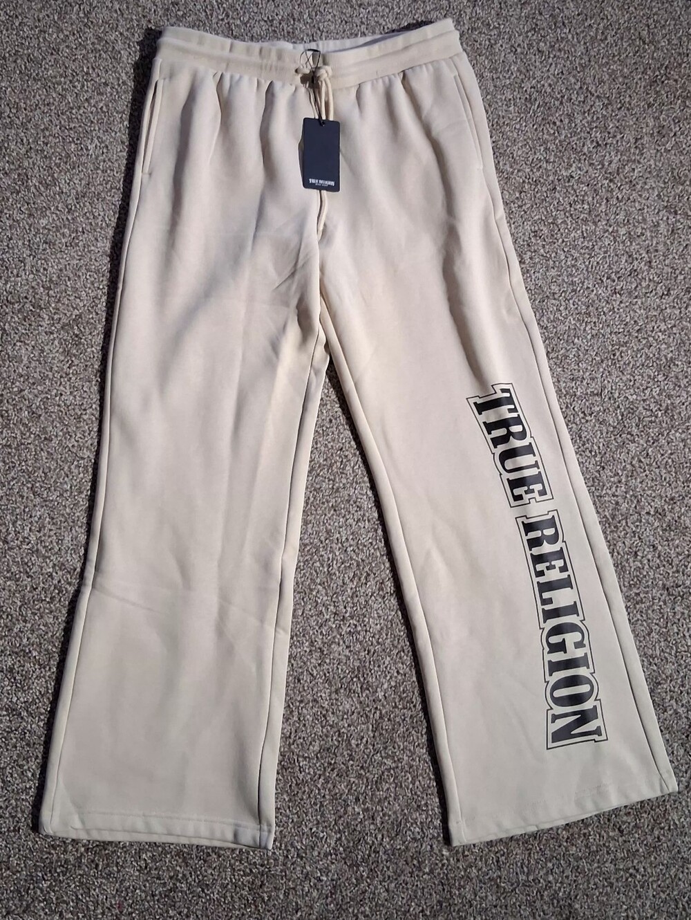 New-True Religion Cream Sweatpants with Black Side Logo